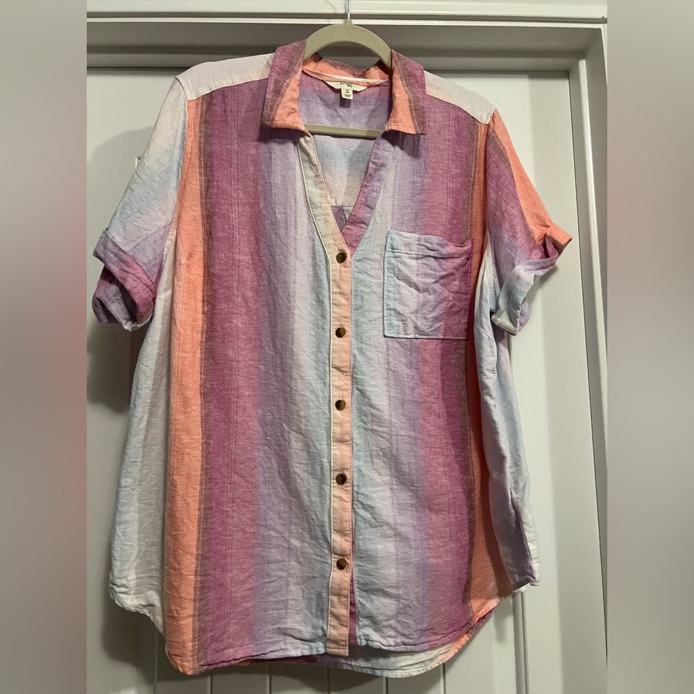 Terra & Sky Plus 0X (14W) Linen Cotton Blend Multicolor Stripe Button Front Top - Picture 2 of 11